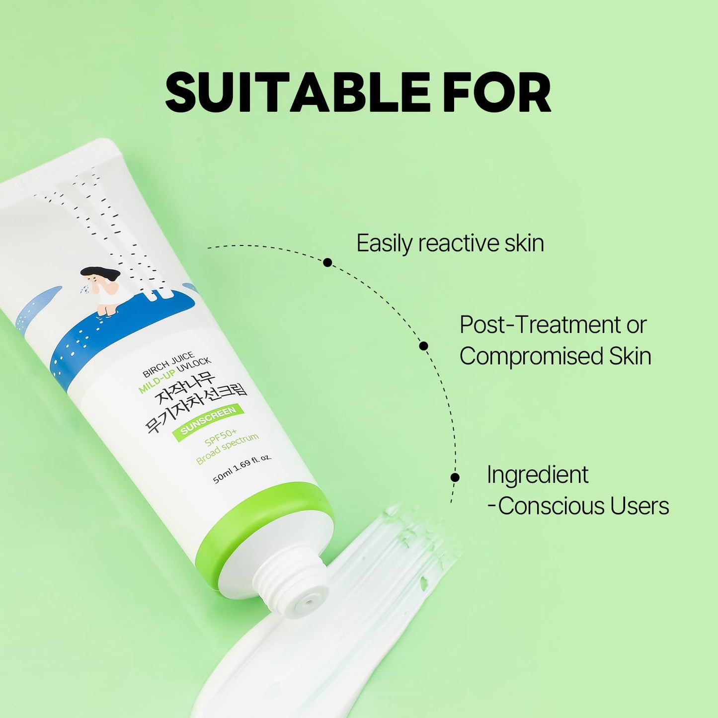 ROUND LAB Birch Juice Mild-up Sunscreen UV LOCK 1.69 Fl Oz | SPF 50+ broad spectrum, Mineral Zinc Oxide, for Sensitive Skin, Control Oil and Sebum, Ocean Friendly-Reef Safe, Korean Sunscreen