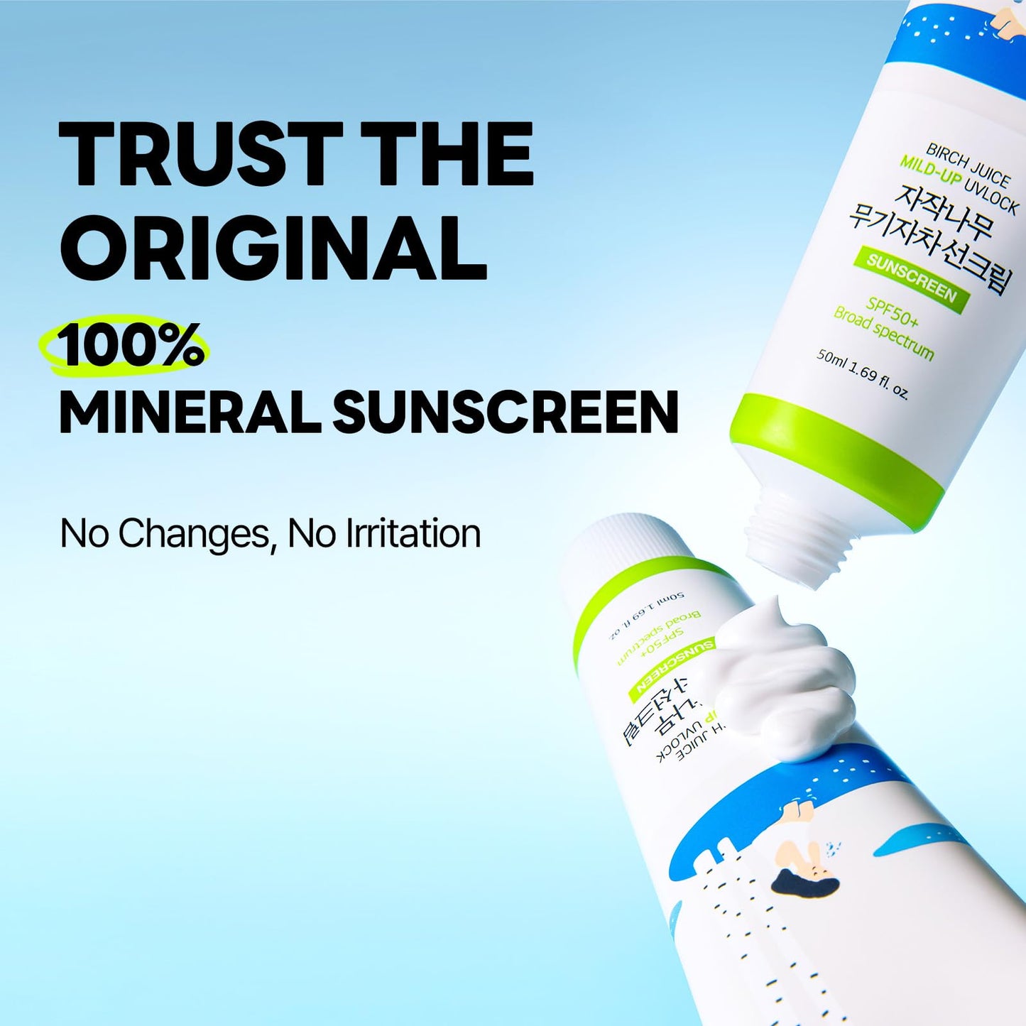 ROUND LAB Birch Juice Mild-up Sunscreen UV LOCK 1.69 Fl Oz | SPF 50+ broad spectrum, Mineral Zinc Oxide, for Sensitive Skin, Control Oil and Sebum, Ocean Friendly-Reef Safe, Korean Sunscreen